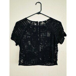 Women’s crop top small Black Crochet Lace sheer blouse shirt short sleeve zip up